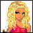 Animated contact sheet of a pixel art character with blonde curly hair and green eyes, showing facial expressions, pose changes, crossed wooden sticks, pink text elements, and a seated figure in blue pants.