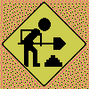 Yellow diamond-shaped icon with black stick figure digging, pink spark effects on shovel in later frames, repeated