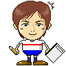 Pixel art avatar with brown hair, light skin, and freckles holding a pencil and notepad, wearing a white shirt with red stripe and blue shorts, in two expressions.