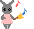 A 4-frame pixel art animation of a gray rabbit-like character in a pink dress holding a yellow star-shaped object with brown handle, surrounded by floating musical notes that change position and color across frames.