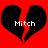 Two identical pixelated black broken hearts on a solid red background, each containing the text "Mitch" in white pixelated font.