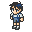 Pixel art character with black hair and blue highlights, wearing a light blue shirt, dark blue overalls, white socks, and gray shoes in four distinct poses.