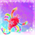 Pixelated rainbow-colored starfish-like figure with multiple limbs against a purple-to-blue gradient background.