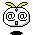 Pixelated character with yellow antennae, blue gem on forehead, and spiral eyes in various poses including mouth expressions and body rotations.