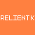 Pixelated orange background with white text 'RELIENTK' and four pixel-art figures in gray, black, and yellow clothing.
