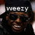 A four- shows a person in dark clothing with long hair and sunglasses, smiling across with text overlays changing from 'weezy' to 'f' to 'baby (:'