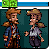 Two pixel-art characters with brown hair and beards face each other against a teal background, one in blue coat with red trim, the other in white shirt and dark pants.