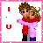 Animated pixel art contact sheet showing a couple in red sweaters and pink scarves with changing 'I ❤️ U' text across 15 frames arranged in a 4x4 grid.
