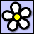 Pixelated flower icon with five white petals outlined in black, a yellow center, and light purple background.