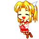 Pixelated cartoon character with blonde pigtails and blue bows, wearing red and white outfit, clapping with closed eyes and smiling mouth, surrounded by pink hearts.