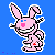 Pixelated pink rabbit with black outline, blue eyes, and red heart on chest against solid blue background.