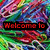 A pixelated image with a colorful, abstract background of swirling lines in red, green, blue, yellow, and purple. Three text banners display 'Welcome to', 'Kc-6B118s', and 'Rainbow Cubi' over the patterned backdrop.