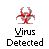Pixelated red biohazard symbol with four arms, black text reading 'Virus Detected', and a red exclamation mark on gray background.
