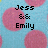 Pixelated blue background with pink circles, black text reading "Jess & Emily" and "Best Friends ForEver.<33", static image.