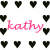 A static image of a repeating pattern featuring pink 'kathy' text and black, white, and pink heart shapes on a white background.