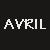Black background with white pixelated text 'AVRIL' on left, grayscale image of a person's face and hair on right.