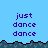 Pixelated blue background with dark gray jagged border, repeated purple text "just dance" in three across two sections