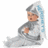Pixelated icon of a child in gray armor with silver helmet, holding blue sword-like object against white background.