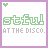 Pixelated green text 'stful' with purple outline and gray 'AT THE DISCO.' below, on white background with light purple border.