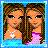 Pixelated image of two women with long brown hair, one wearing a white necklace and blue top, the other in pink clothing, against a light blue background.