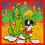 Pixelated green cartoon character with large eyes and white gloves in three distinct poses against colorful backgrounds.