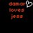 Pixelated orange text 'damar loves jess' on black background with white heart symbol above 'damar' in left ; right shows identical text without the heart