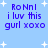 Light blue background with white star shapes and purple text reading 'Ro Nni i luv this gurl xoxo' in pixelated font.