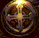Circular icon with glowing golden cross and four quadrants containing dark red symbols, transitioning through five distinct brightness levels from dim to bright.