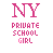 A contact sheet of five animated frames showing a pixelated pink text logo "NY PRIVATE SCHOOL GIRL" on white background with varying color intensity and dithering effects across frames.
