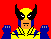 Pixelated character with yellow hair, black mask horns, blue shoulder pads, and yellow torso; three light-blue claws extend from each hand against red background.