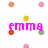 Pixelated icon with pink text 'emma' under a yellow circle, flanked by red and green circles on white background with scattered orange and pink dots.