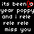 Black background with white pixelated text reading 'its been a year poppyyear poppy and i rele rele rele miss you' repeated twice, featuring a red heart symbol replacing the letter O in 'been'.
