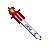 Two pixelated sword icons with red and white striped blades, blue accents, and glowing orange tips on a gray background.