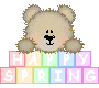 Pixelated teddy bear with brown fur and black nose appears above colorful block letters spelling 'HAPPY SPRINGS' in two , each letter on a pastel-colored square