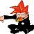 Pixelated character with spiky red hair, black outfit, and yellow collar, extending right arm forward against white background.