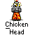 A 4x4 contact sheet of a pixel art animation featuring a chicken-headed character in orange pants, displayed on a gray background with visible text labels beneath each frame.