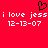 Red background with white pixelated text reading "i love jess i love jess 12-13-07" repeated twice, a black heart symbol above the text.