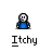 Pixelated character in blue shirt with white skull face, four repeated poses showing arm movement, text "Itchy" below each pose on gray background.