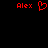 Red pixelated text and heart symbol on black background, with 'Alex' repeated left and right of a central heart shape.