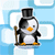 Animated penguin in top hat holding cane and flag, standing on ice block against blue background