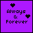 A 3x3 contact sheet of animated AIM buddy icons with purple backgrounds, featuring text and character art variations including "Always & Forever" and "James & Nikki" with heart symbols.