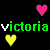 Pixelated green text "victoria" repeats across black background with pink and yellow hearts, some letters white; gray rectangle in bottom-right corner.