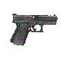 A gray pistol in multiple states of firing and ejection, displayed in a with visible bullet casings and muzzle flash effects