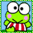 A 4-frame animated contact sheet of a green cartoon frog with large white eyes, pink cheeks, and red-and-white striped shorts against a light blue background.