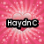 A static image with a pink radial burst background featuring a heart shape and scattered white dots, overlaid with three black text boxes containing 'HaydnC', 'Loves', and 'Amy' in white lettering.