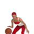 Pixelated figure in red athletic wear dribbling a brown basketball, leaning forward with bent knees and arms extended.