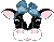 Pixelated cartoon animal head with black and white face, pink inner ears, blue bow on top, and two small pink cheek spots.