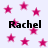 A static image with a white background featuring scattered pink stars and four instances of the name "Rachel" in bold black text.