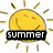A yellow sun-shaped icon with a smiling face and radiating lines, one version featuring the word 'summer' in black text across its center.