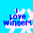 Blue background with four white snowflake icons each displaying 'I love winter!' in blue text, arranged in a